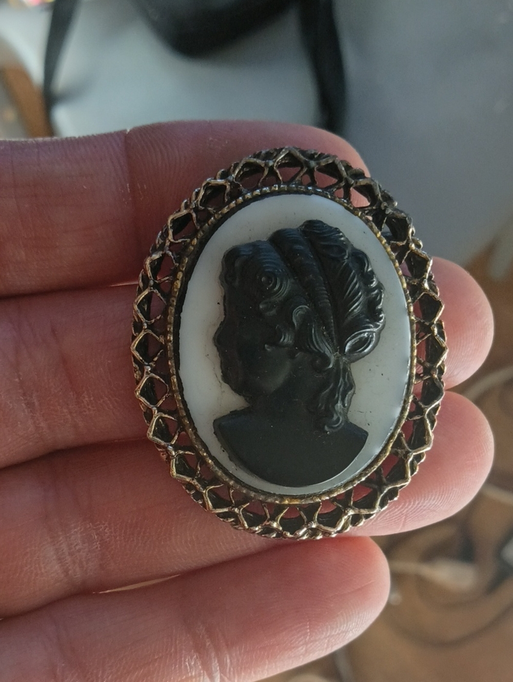Vintage Black and White Cameo Brooch - Gold Filigree Frame